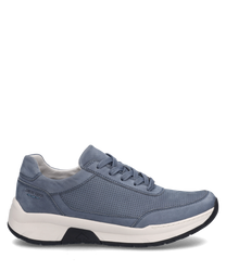 The sneaker is denim blue and features lacing. The material is perforated and the sole is white.
