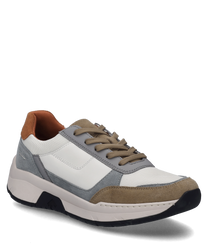 La sneaker en couleurs naturelles-multi est composée de différents matériaux dont du daim clair et un tissu lisse. Il dispose d'un laçage et se distingue par des détails de couleur contrastés en blanc gris et beige.