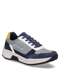 Ce sneaker en bleu-multi dispose d'un laçage et est composé d'un mélange de matériaux en mesh et en daim. La chaussure a des détails de couleur marquants avec des accents jaunes bleus et gris lui donnant un look moderne et sportif.