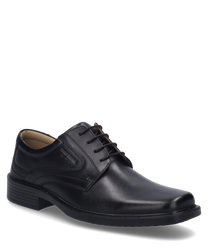 La chaussure noire en cuir dispose d'un laçage classique et d'une semelle plate robuste. La chaussure a un design élégant avec des coutures discrètes et convient parfaitement aux occasions formelles.