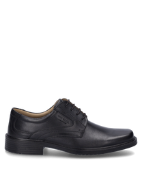 La chaussure noire en cuir dispose d'un laçage classique et d'une semelle plate robuste. La chaussure a un design élégant avec des coutures discrètes et convient parfaitement aux occasions formelles.