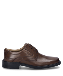 Der Halbschuh in der Farbe Cognac besteht aus glattem hochwertigem Leder und hat eine klassische Schnürung. Er zeichnet sich durch eine dezente Naht und eine robuste schwarze Sohle aus.