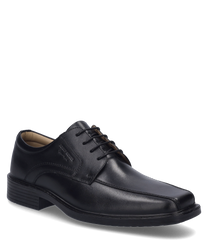 Zapato negro elegante de cuero con cordones ideal para ocasiones formales. El zapato tiene un diseño sencillo con una punta redondeada y una suela estable.