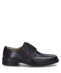 Zapato negro elegante de cuero con cordones ideal para ocasiones formales. El zapato tiene un diseño sencillo con una punta redondeada y una suela estable.
