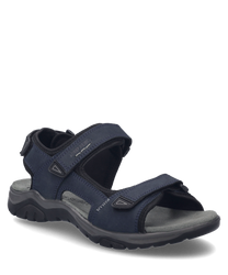 La sandale représentée en couleur indigo est fabriquée à partir d'un matériau robuste et dispose d'une fermeture velcro pratique. Le design se caractérise par une semelle confortable et des sangles renforcées qui offrent un maintien optimal.