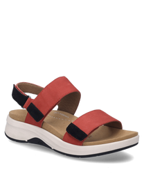 The sandal in the red-black color combination features two wide straps and a heel strap with Velcro. It is made from a soft material and has a comfortable padded sole for optimal wearing comfort.