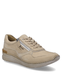 Beżowy sneaker z sznurówką zachwyca swoim miękkim gładkim materiałem i jasnymi szwami. Wyrazisty jest boczny zamek błyskawiczny który nadaje butowi nowoczesny i praktyczny detal.