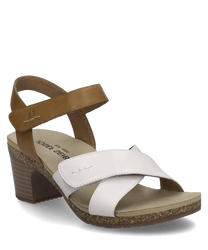 Questa sandalo in combinazione bianco sporco si distingue per la sua chiusura in velcro e un comodo tacco in materiale di sughero marrone chiaro. Il mix di pelle bianca e marrone crea un look moderno e versatile.
