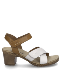 Questa sandalo in combinazione bianco sporco si distingue per la sua chiusura in velcro e un comodo tacco in materiale di sughero marrone chiaro. Il mix di pelle bianca e marrone crea un look moderno e versatile.