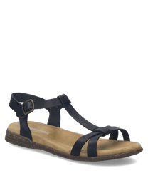 La sandalo nera è dotata di una chiusura a fibbia ed è realizzata in un materiale liscio. La scarpa ha una suola marrone chiaro con una struttura naturale.