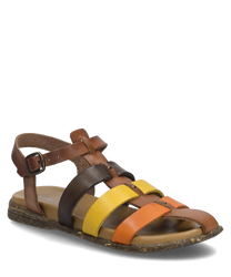 La sandale en Cognac-Multi est fabriquée en cuir et présente un design coloré avec des sangles marron jaune et orange. Elle dispose d'une fermeture à boucle qui permet un ajustement personnalisé.