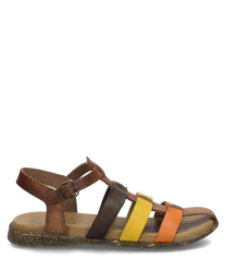 La sandale en Cognac-Multi est fabriquée en cuir et présente un design coloré avec des sangles marron jaune et orange. Elle dispose d'une fermeture à boucle qui permet un ajustement personnalisé.