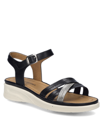 Die Sandale in schwarz-kombi zeigt ein elegantes Design mit einem Klettverschluss. Sie besteht aus hochwertigem Material das Komfort und Stil vereint.