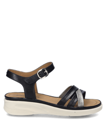 Die Sandale in schwarz-kombi zeigt ein elegantes Design mit einem Klettverschluss. Sie besteht aus hochwertigem Material das Komfort und Stil vereint.