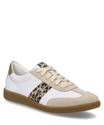La sneaker in beige-multicolore presenta un design elegante con lacci e dettagli in camoscio. Caratteristiche speciali sono la striscia con motivo leopardato sul lato e la copertura dorata sul tallone.