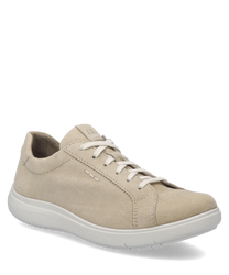 Ein natürlicher Sneaker mit Schnürung aus weichem Wildleder in einem dezenten hellen Beige-Ton. Der Schuh hat eine flache weiße Sohle und ist ideal für einen lässigen komfortablen Look.