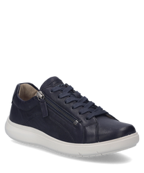 Dark blue leather sneaker with lacing and side zipper on a white sole. The shoe has a simple design and is ideal for everyday use.