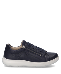 Dark blue leather sneaker with lacing and side zipper on a white sole. The shoe has a simple design and is ideal for everyday use.