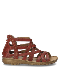 The sandal shown is red and made of leather. It features a practical zipper on the side and has a sturdy beige sole.