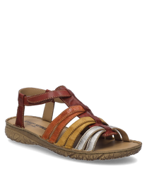 La sandale en rouge-multi présente un design coloré en cuir dans les couleurs rouge orange jaune et argent. Elle dispose d'une fermeture velcro confortable et d'une semelle robuste et structurée.