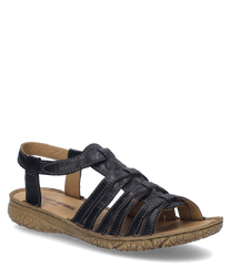 The black sandal is made of high-quality leather with a comfortable Velcro closure. The sole is sturdy and light brown ideal for everyday use.