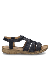The black sandal is made of high-quality leather with a comfortable Velcro closure. The sole is sturdy and light brown ideal for everyday use.