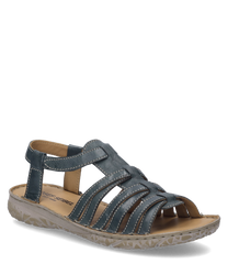The sandal shown is azure blue and features a practical Velcro closure. It is made of high-quality material that stands out due to its fine stitching and has a robust profiled sole.