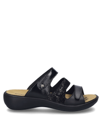 La sandalia negra cuenta con un cómodo cierre de velcro y un material superior brillante. Tiene una suela ergonómica para un confort óptimo.