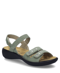 La sandalia di colore verde menta è dotata di una pratica chiusura in velcro e di una suola comoda. La tomaia è in morbida pelle con elementi decorativi sulle cinghie.