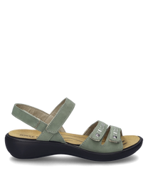 La sandalia di colore verde menta è dotata di una pratica chiusura in velcro e di una suola comoda. La tomaia è in morbida pelle con elementi decorativi sulle cinghie.