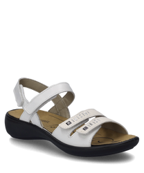 Sandalo bianco con chiusura in velcro. Il sandalo è realizzato in pelle e ha una soletta piatta nera.
