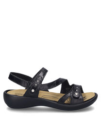 La sandale noire est fabriquée en matériau lisse et dispose d'une fermeture velcro pratique. Elle est ornée de clous décoratifs qui donnent à la chaussure un look moderne.