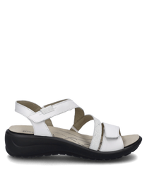 La sandalo è di colore bianco-argento e dispone di una pratica chiusura in velcro. È realizzato in un materiale leggero con una suola comoda e leggermente rialzata.