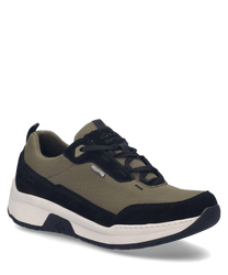 Modern sneaker in black combination with lace-up closure made from durable textile and suede materials. The shoe impresses with contrasting colors and a comfortable white sole.