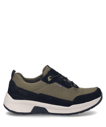 Modern sneaker in black combination with lace-up closure made from durable textile and suede materials. The shoe impresses with contrasting colors and a comfortable white sole.