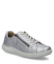 The sneaker in silver color features lacing and a side zipper. The material is made of shiny silver leather giving the shoe a modern look.