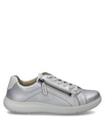 The sneaker in silver color features lacing and a side zipper. The material is made of shiny silver leather giving the shoe a modern look.