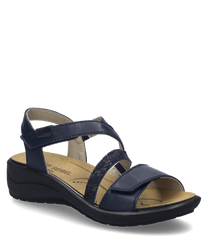 La sandale combinée bleu foncé est dotée d'une fermeture velcro pour un enfilage et un retrait faciles. Elle est fabriquée dans un matériau lisse et de haute qualité et possède une semelle confortable et rembourrée.