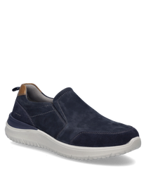 La scarpa mezza in blu scuro-combinato è realizzata in un materiale di alta qualità con un elastico in gomma come chiusura. Caratteristiche speciali sono le cuciture a contrasto e la comoda suola bianca.