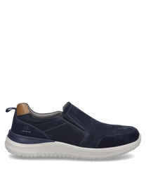 La scarpa mezza in blu scuro-combinato è realizzata in un materiale di alta qualità con un elastico in gomma come chiusura. Caratteristiche speciali sono le cuciture a contrasto e la comoda suola bianca.