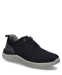 The black shoe features a breathable mesh upper and a stable lacing system. The gray sole provides a modern contrast and ensures optimal wearing comfort.