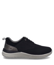 The black shoe features a breathable mesh upper and a stable lacing system. The gray sole provides a modern contrast and ensures optimal wearing comfort.