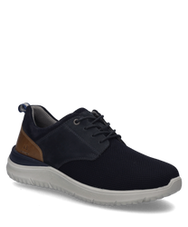 La scarpa è di un elegante blu scuro e presenta una chiusura con lacci. È realizzata in un materiale traspirante e ha un inserto sul tallone di colore marrone a contrasto.