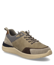 La scarpa in colore sabbia-combinato presenta una superficie liscia con lacci e cuciture a contrasto. È dotata di una suola robusta e di una fodera interna imbottita per un elevato comfort di calzata.
