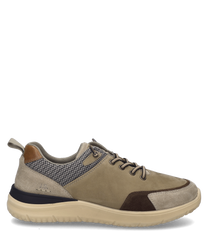 La scarpa in colore sabbia-combinato presenta una superficie liscia con lacci e cuciture a contrasto. È dotata di una suola robusta e di una fodera interna imbottita per un elevato comfort di calzata.