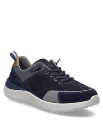 La scarpa mezza in blu scuro-combinato si presenta con una elegante allacciatura e una comoda suola in gomma bianca. La tomaia è realizzata in un mix di tessuto e pelle decorata con cuciture a contrasto e un accento marrone sul tallone.
