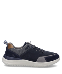 La scarpa mezza in blu scuro-combinato si presenta con una elegante allacciatura e una comoda suola in gomma bianca. La tomaia è realizzata in un mix di tessuto e pelle decorata con cuciture a contrasto e un accento marrone sul tallone.