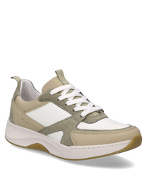 The beige-multi sneaker features a modern design with a combination of smooth and suede materials. It has white laces and a rounded rubber sole for optimal comfort.
