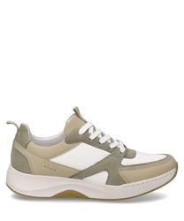 The beige-multi sneaker features a modern design with a combination of smooth and suede materials. It has white laces and a rounded rubber sole for optimal comfort.