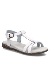 La sandalia blanca cuenta con una cómoda correa de cuero y un cierre de hebilla. La suela gris claro proporciona comodidad adicional y un aspecto elegante.
